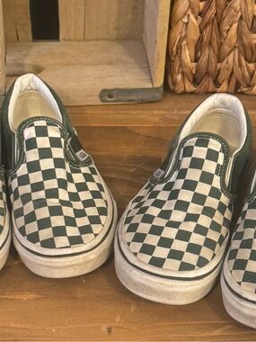 Vans Kids Slip-On Checkerboard Sneakers in Green and White